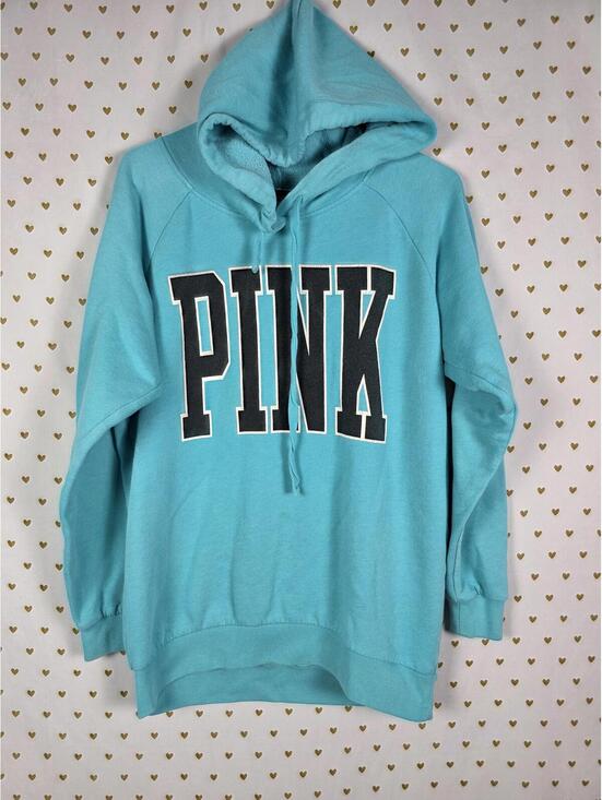 PINK Victoria's Secret Tops - Victorias Secret Pink Logo Hooded Blue Sweater Shirt Pullover XS Oversized